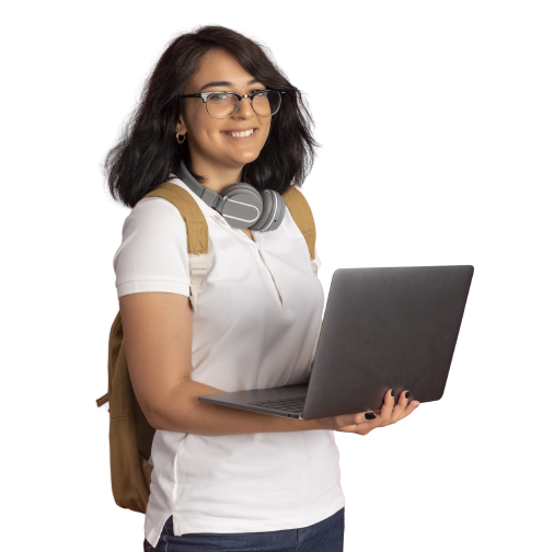 young smiling pretty caucasian schoolgirl with headphones neck wearing glasses back bag holds laptop pink with copy space removebg preview